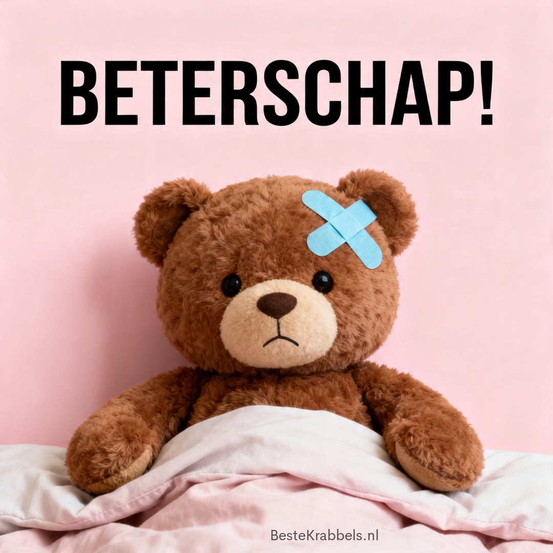 Teddybeer in bed met pleister op het hoofd en tekst 'Beterschap!' op roze achtergrond