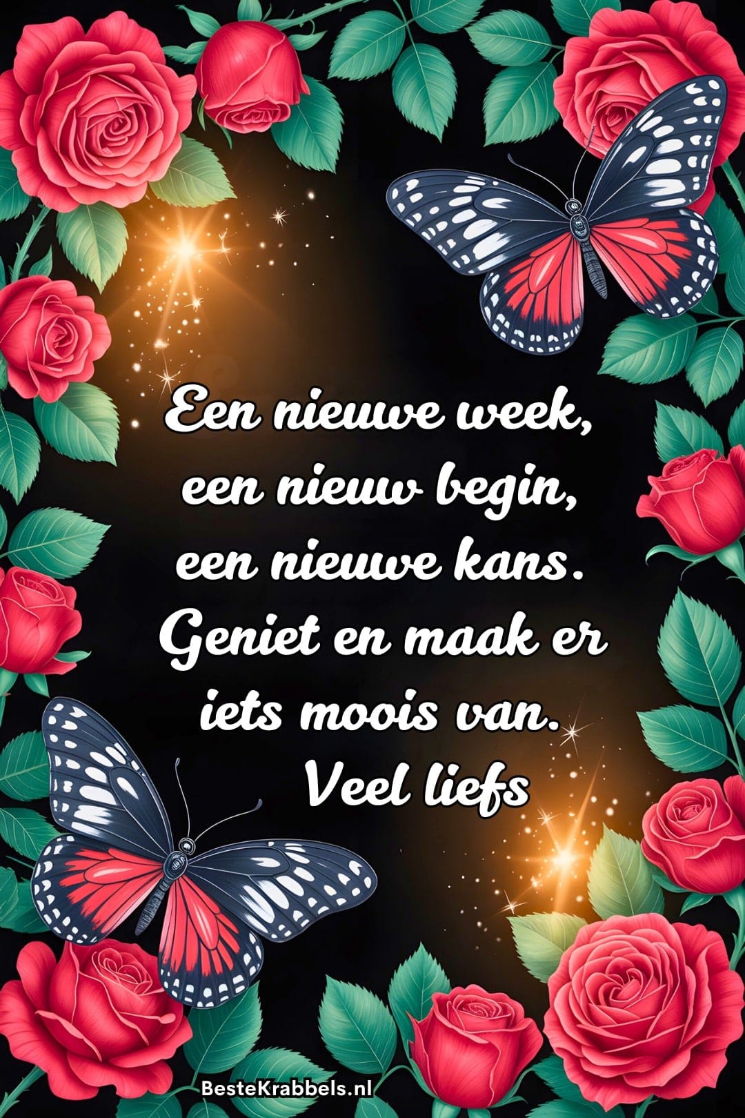 Rozen en vlinders omlijsten een inspirerende tekst over een nieuwe week, nieuwe kansen en iets moois maken