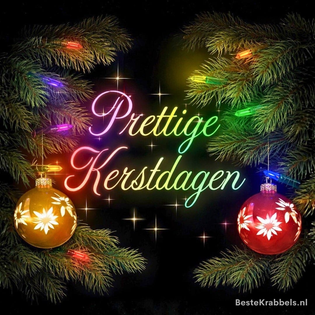 Sfeervolle kersttakken met kleurrijke lichtjes en kerstballen omlijsten de tekst 'Prettige Kerstdagen' in kleurrijk licht