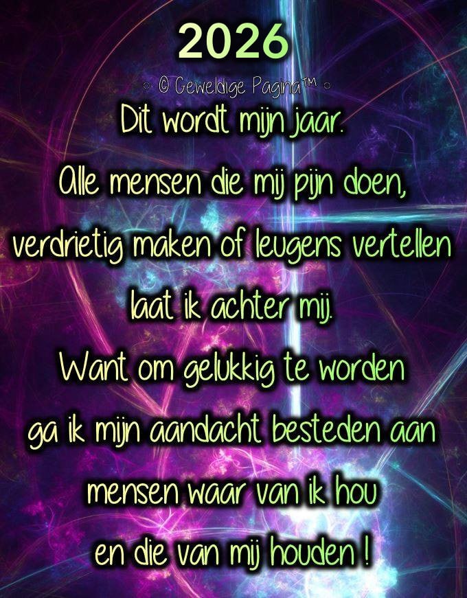 Neon-abstracte achtergrond met tekst: 2026 wordt mijn jaar; negatieve mensen loslaten, focussen op liefde