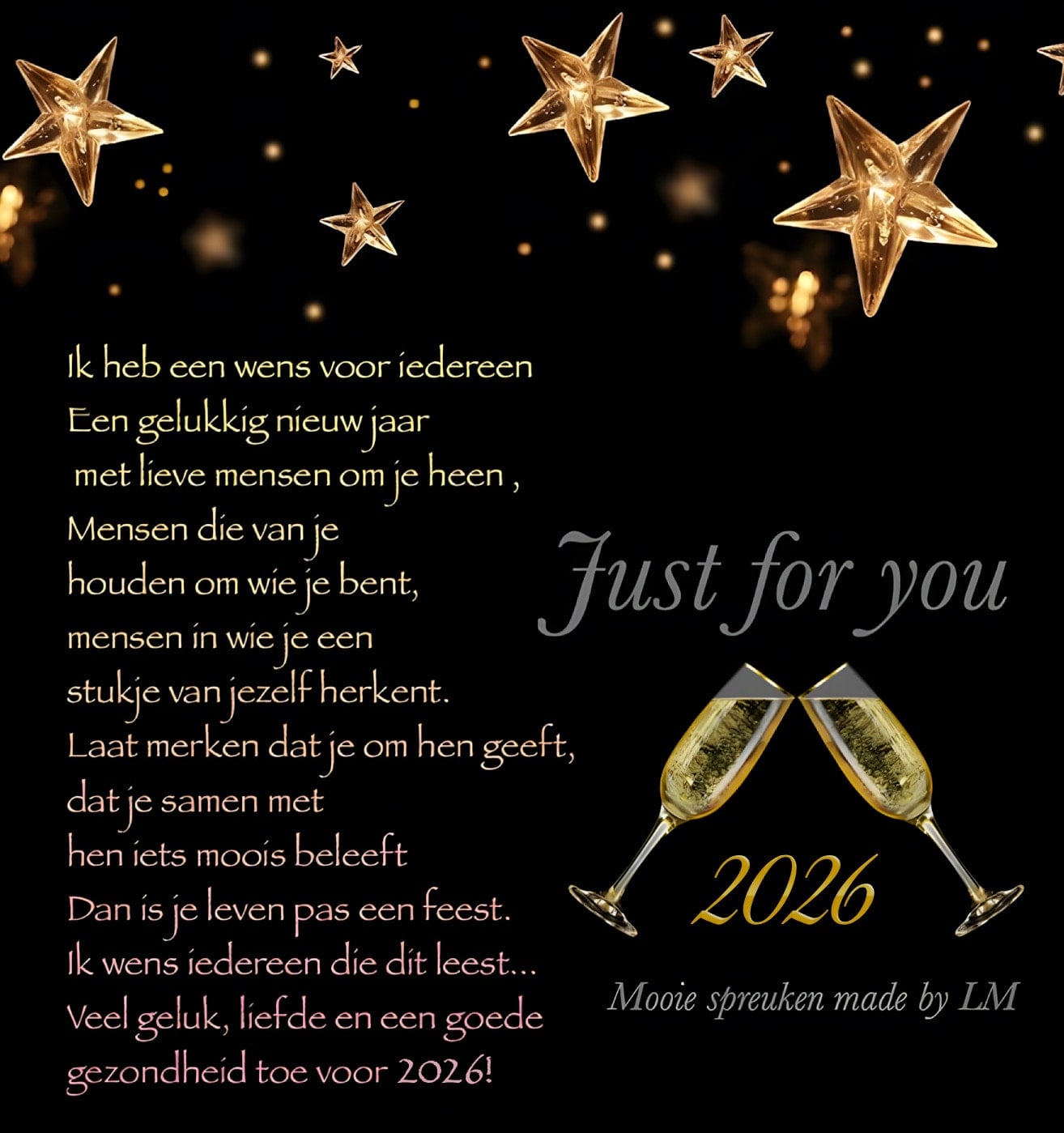 Sterren en glazen champagne omlijsten een nieuwjaarswens voor geluk en gezondheid in 2026