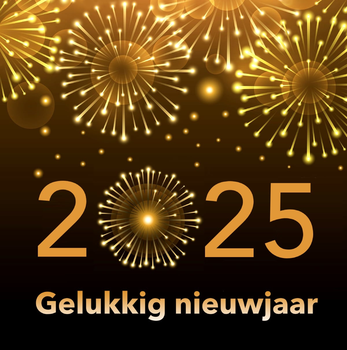 2025 met vuurwerk effecten en tekst 'Gelukkig nieuwjaar' in goud