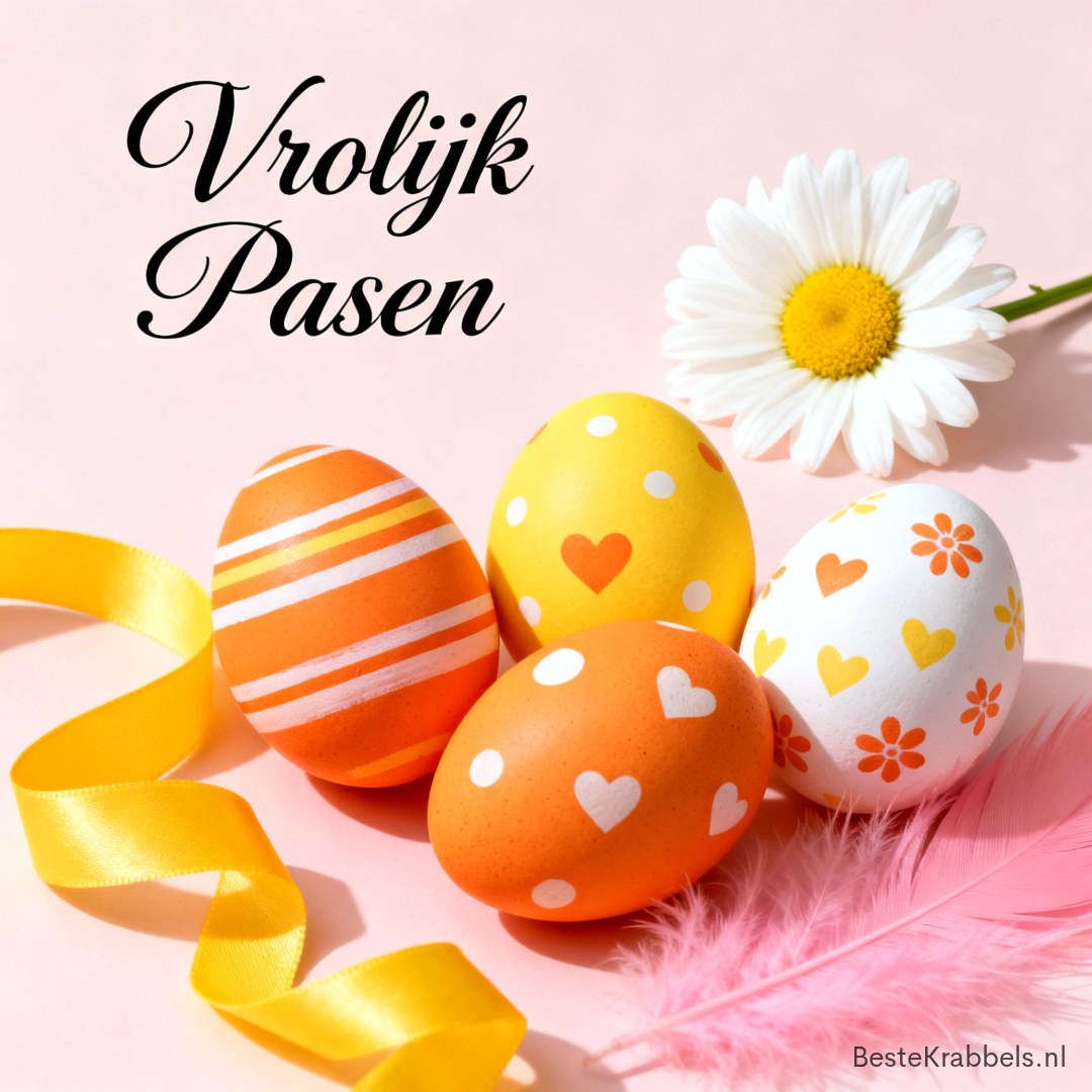 Paasgroet met drie versierde eieren, gele linten, een madeliefje en roze veer op pastelroze achtergrond