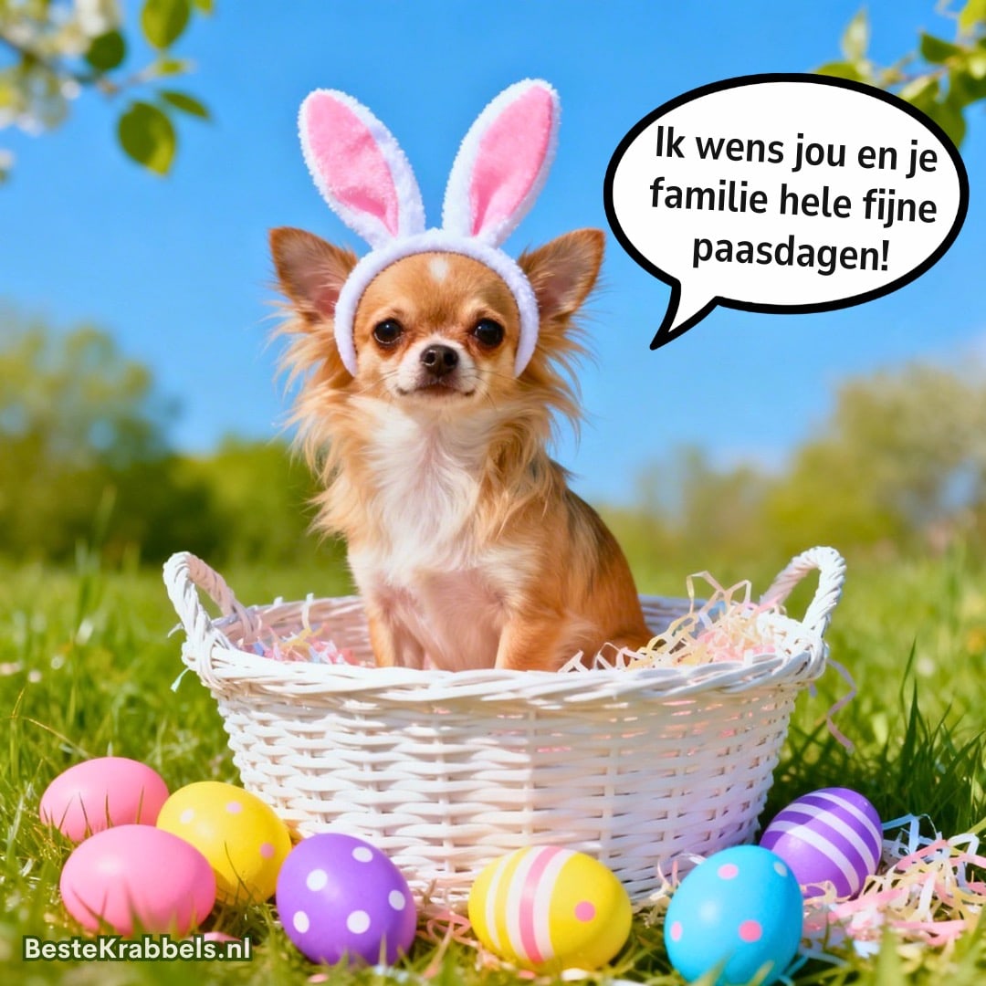 Chihuahua met konijnenoren in een rieten mand op gras, omringd door kleurrijke paaseieren en tekstballon