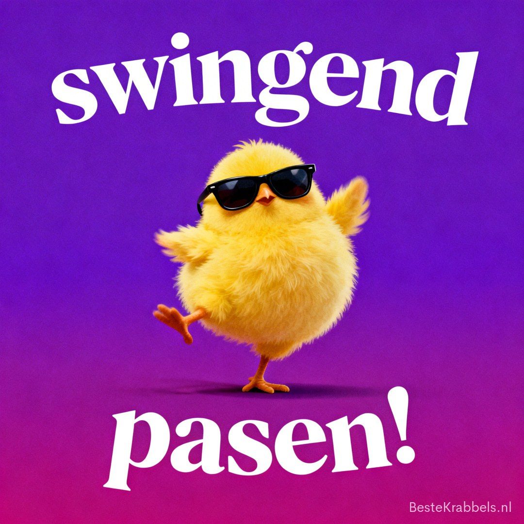 Geel kuikentje met zonnebril danst op paarse achtergrond met tekst ‘Swingend pasen!’