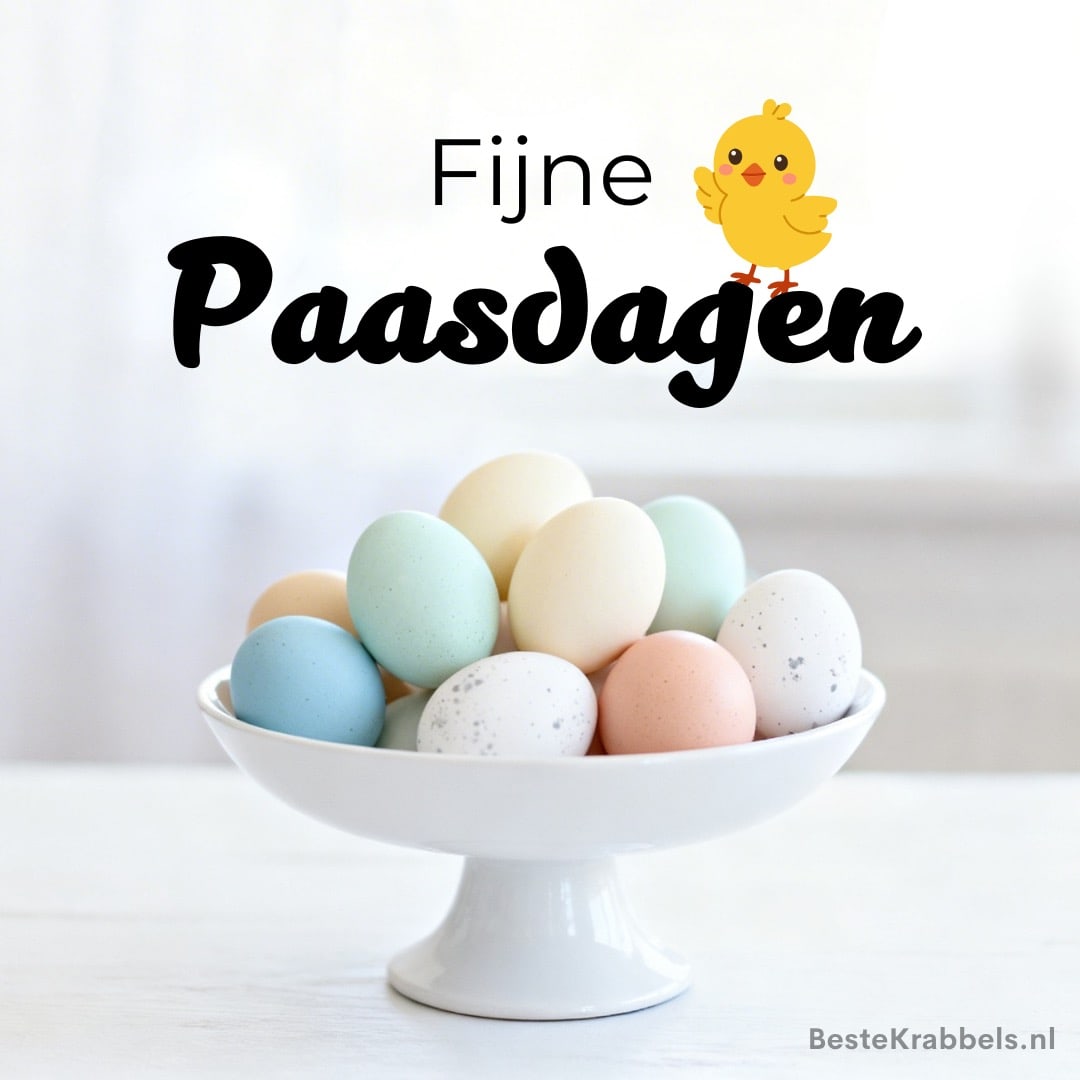 Witte schaal met pastelgekleurde paaseieren en de tekst 'Fijne paasdagen' met een kuikentje
