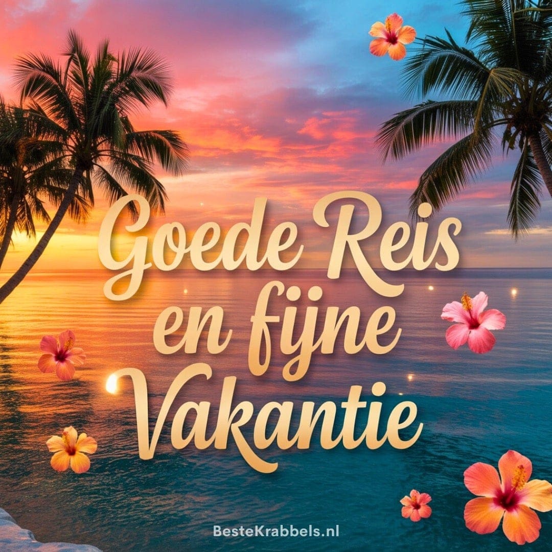 'Goede Reis en fijne Vakantie' met een tropische zonsondergang, palmbomen en kleurrijke hibiscusbloemen op de achtergrond