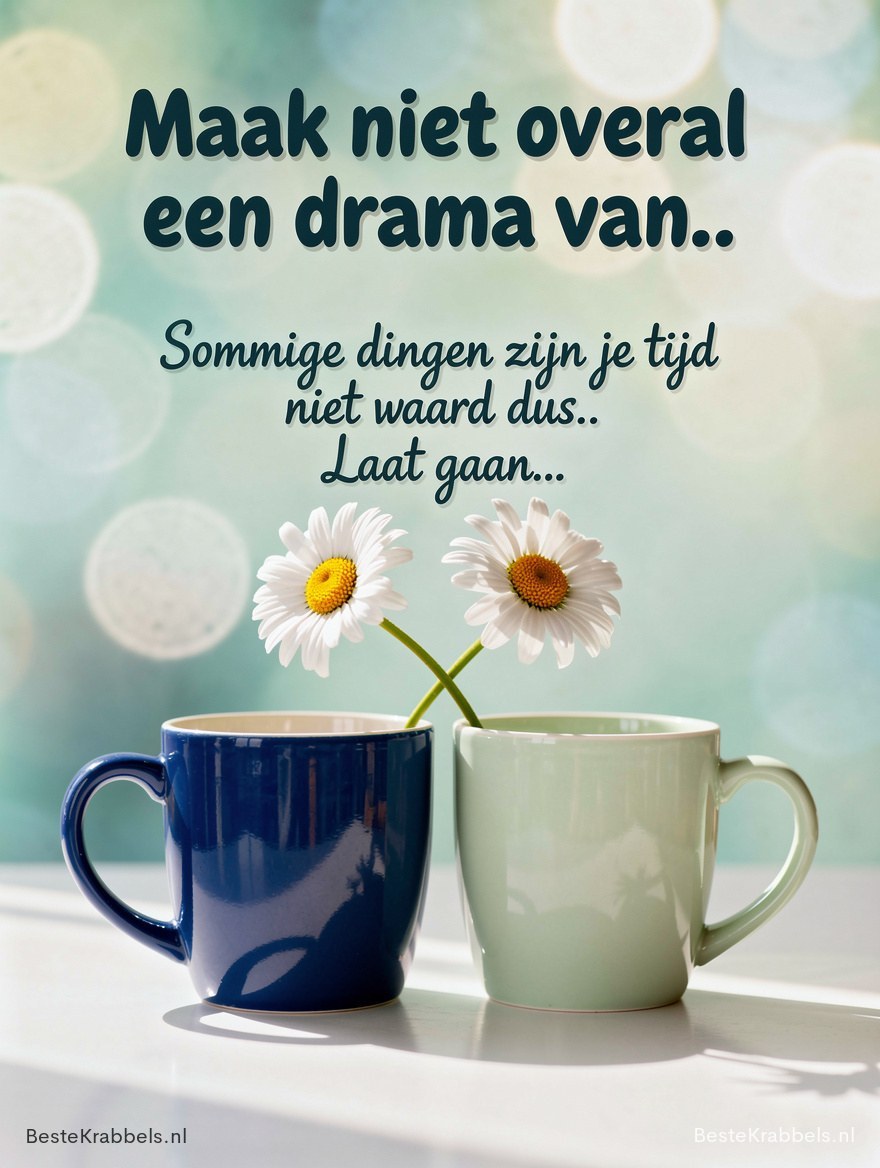 Inspirerende tekst over loslaten, met twee mokken en madeliefjes op een zachte, pastelachtige achtergrond