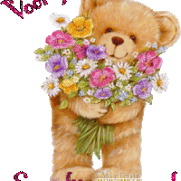 Een teddybeer met een kleurrijk boeket bloemen als teken van genegenheid.