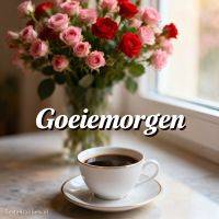 Kop koffie op een schoteltje bij het raam, met een vaas roze en rode rozen op de achtergrond