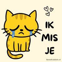 Huilende gele kat met hartjes en de tekst: Ik mis je