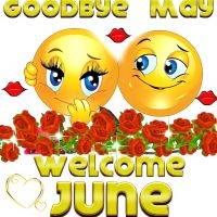 Twee lachende emoji's, rode rozen en tekst 'Goodbye May, Welcome June' in gouden letters