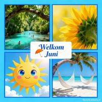 Collage met rivier in jungle, zonnebloem, vrolijke zon en strand met hangmatten; tekst Welkom juni