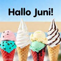 Tekst ‘Hallo juni’ boven vier ijsjes in hoorntjes, waaronder softijs met chocoladesaus en bolletjesijs
