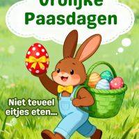 Vrolijk konijntje met eierenmand en paasei in de hand op groen gras met paaswens