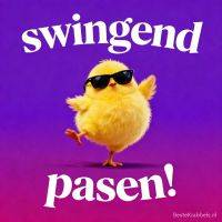 Geel kuikentje met zonnebril danst op paarse achtergrond met tekst ‘Swingend pasen!’