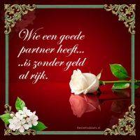 Romantische spreuk op rode achtergrond met sierlijst, witte roos en bloesem: “Wie een goede partner heeft… is rijk.”