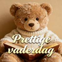 Knuffelbeer met bril en gebreide trui leest een boek, met de tekst ‘Prettige vaderdag’