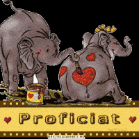 Twee olifanten, een verft een hart op de ander, geanimeerd met de tekst Proficiat onderaan op een gele achtergrond