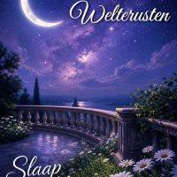 Sterrenhemel met sikkelmaan boven balkon met balustrade en margrieten; tekst: welterusten, slaap lekker