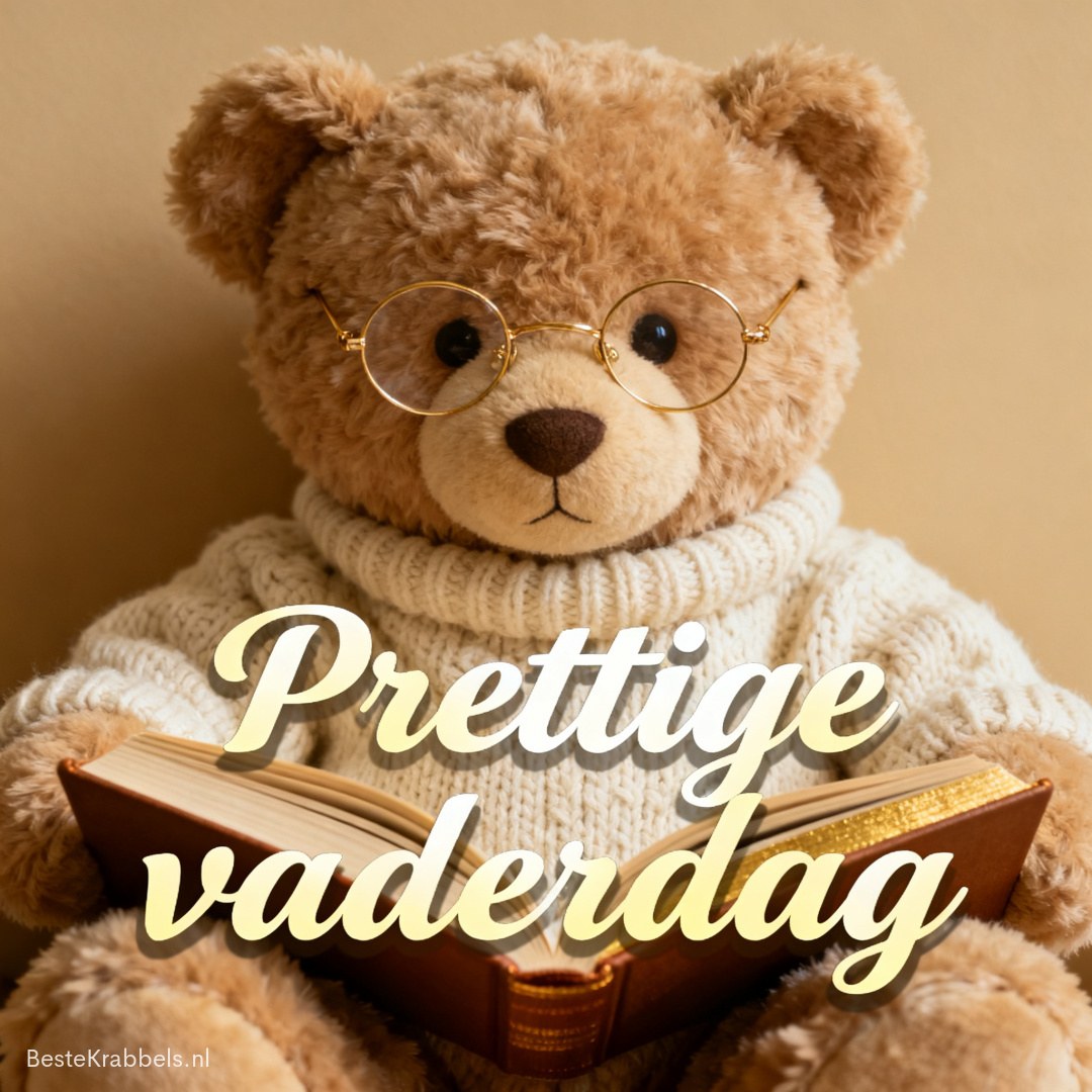 Knuffelbeer met bril en gebreide trui leest een boek, met de tekst ‘Prettige vaderdag’